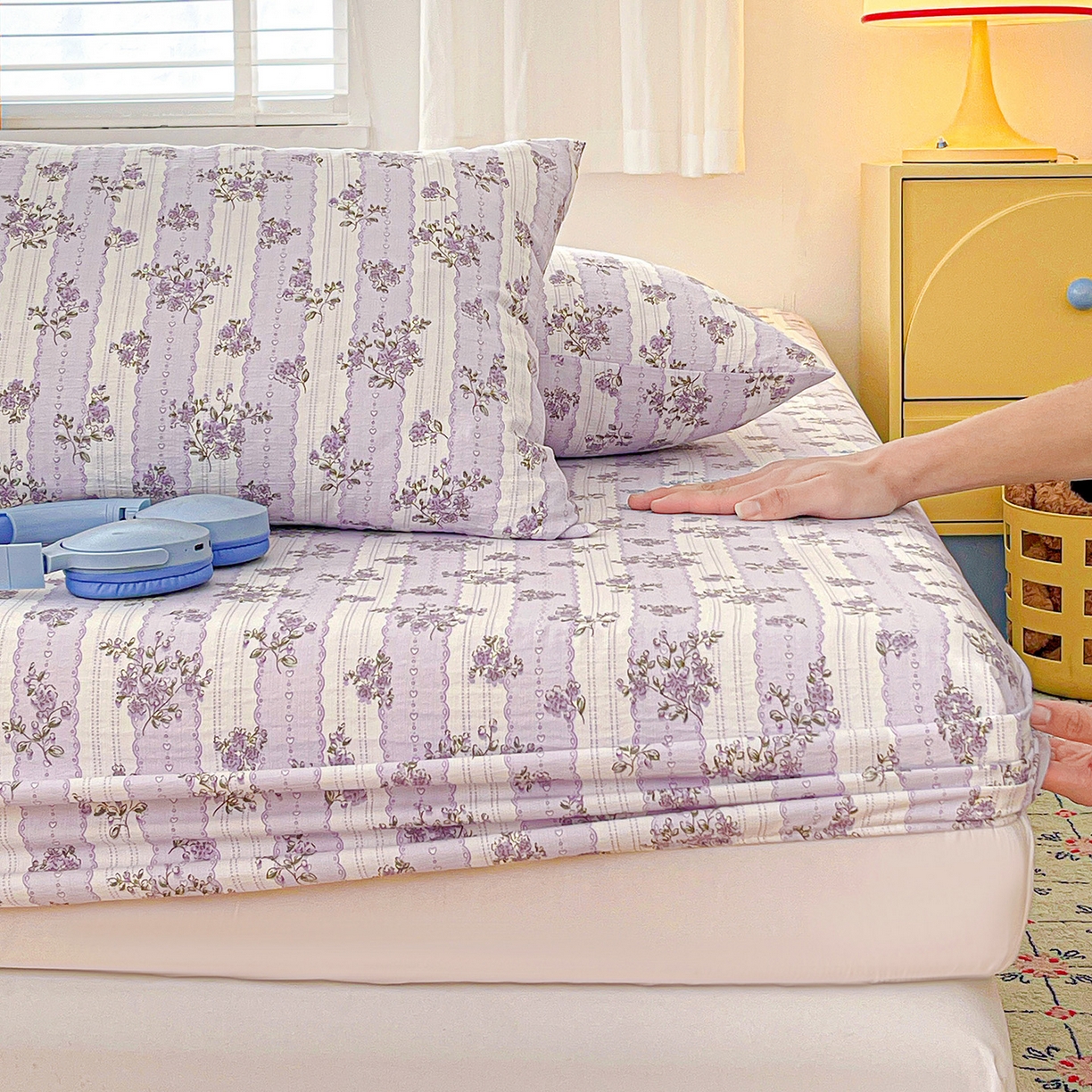 91家纺网 家纺一手货源 找家纺 仟人梦 2026新款云感双层纱印花单床笠床笠单件 半暖时光-紫