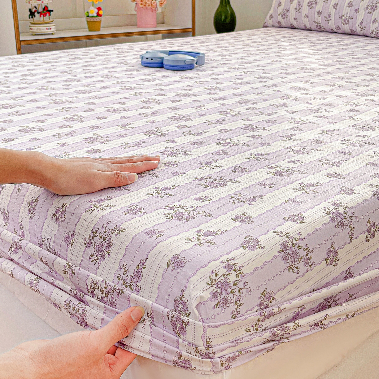 91家纺网 家纺一手货源 找家纺 仟人梦 2026新款云感双层纱印花单床笠床笠单件 半暖时光-紫