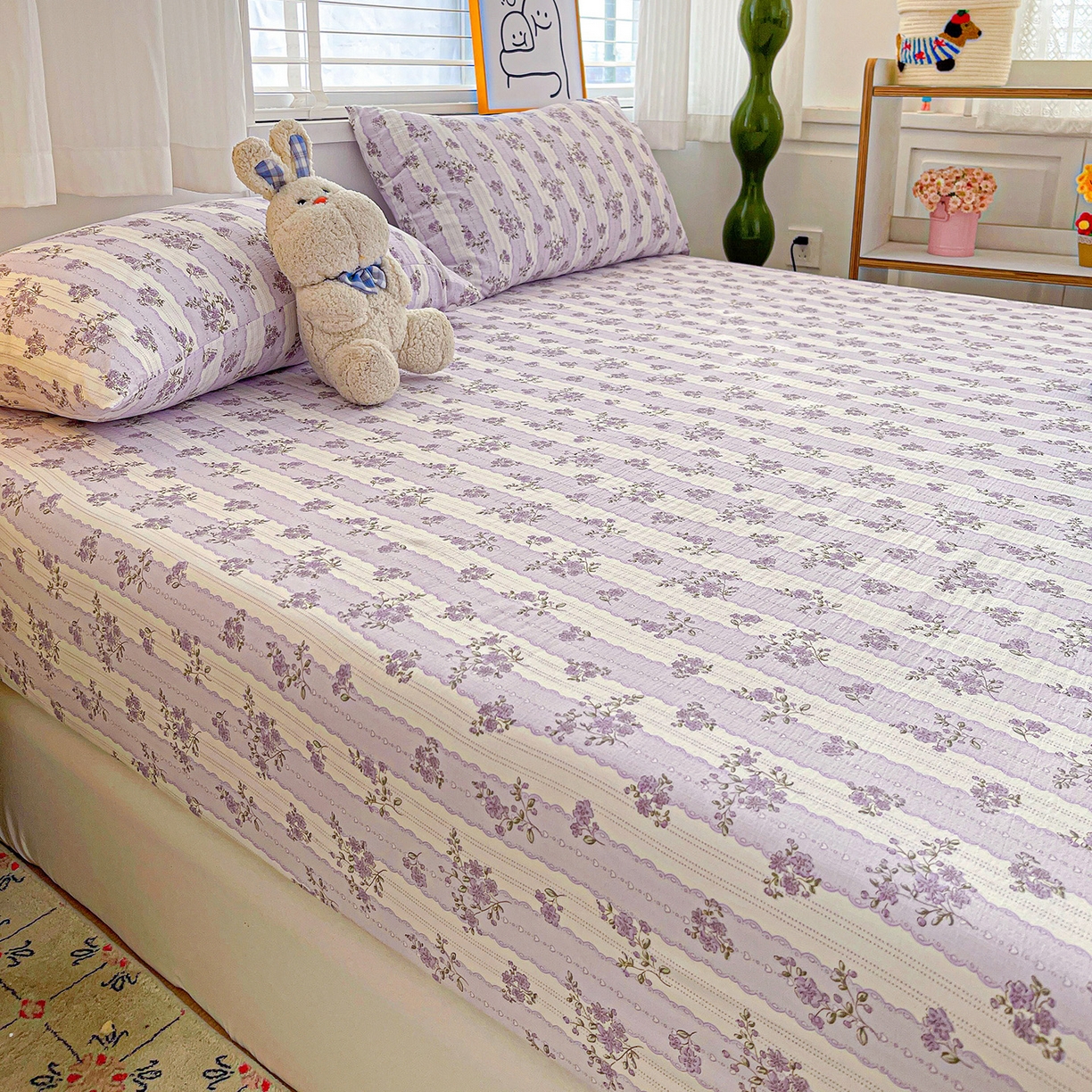 91家纺网 家纺一手货源 找家纺 仟人梦 2026新款云感双层纱印花单床笠床笠单件 半暖时光-紫