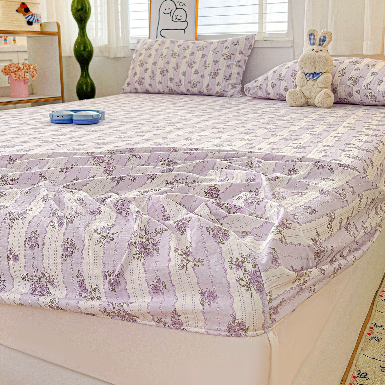 91家纺网 家纺一手货源 找家纺 仟人梦 2026新款云感双层纱印花单床笠床笠单件 半暖时光-紫