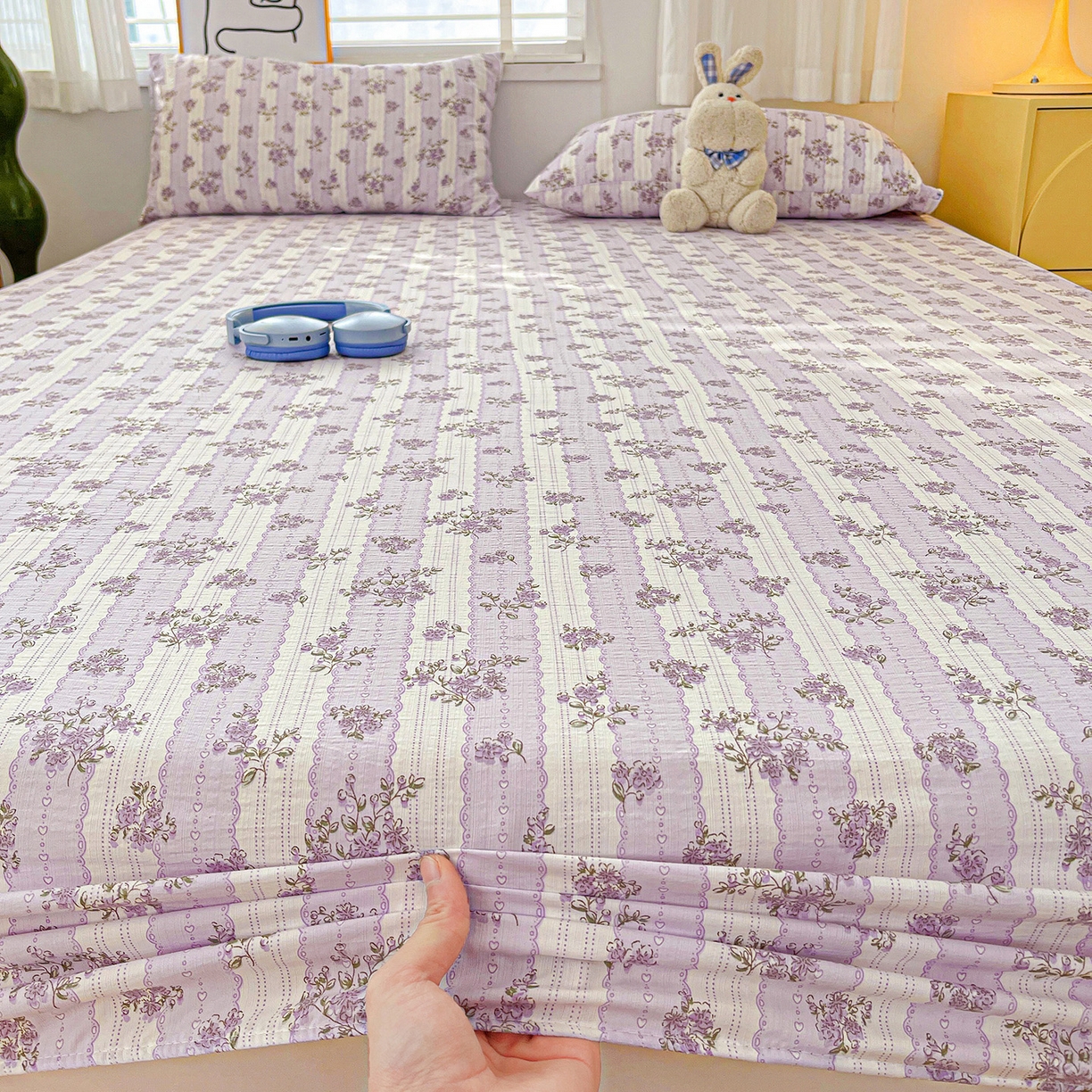 91家纺网 家纺一手货源 找家纺 仟人梦 2026新款云感双层纱印花单床笠床笠单件 半暖时光-紫