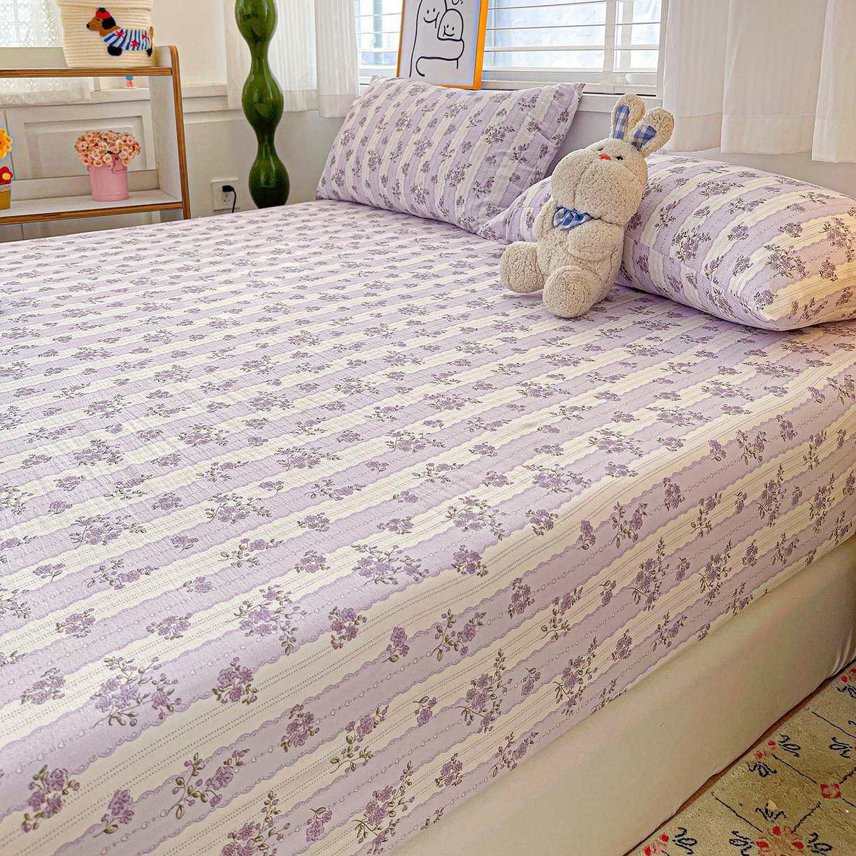 91家纺网 家纺一手货源 找家纺 仟人梦 2026新款云感双层纱印花单床笠床笠单件 半暖时光-紫