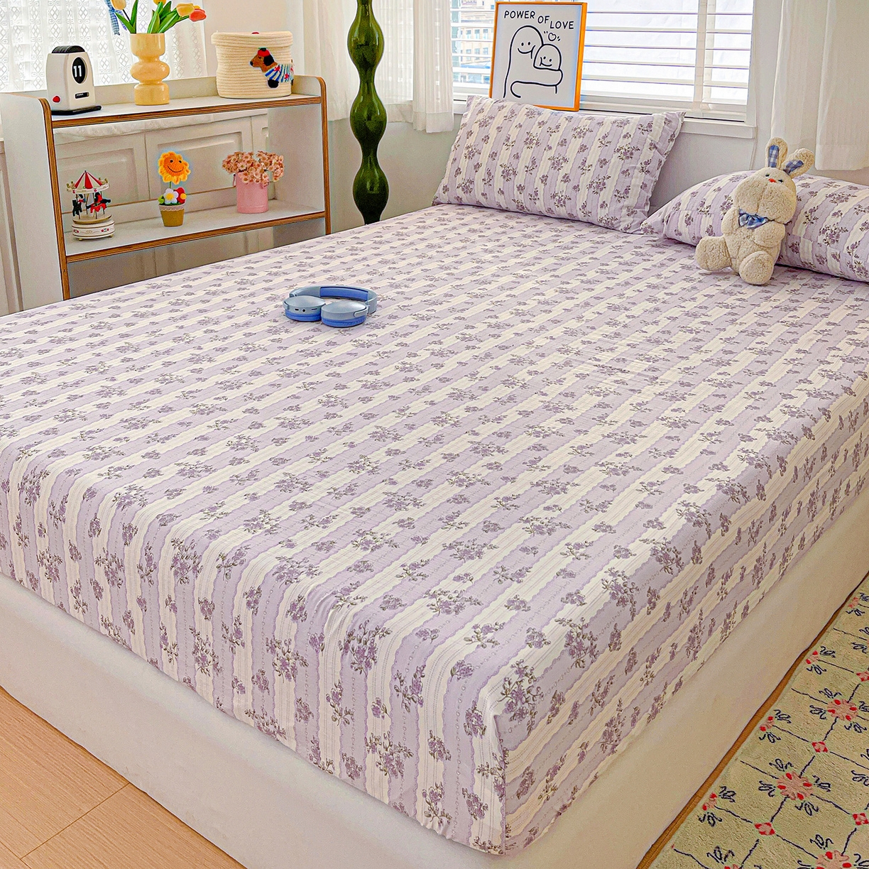 91家纺网 家纺一手货源 找家纺 仟人梦 2026新款云感双层纱印花单床笠床笠单件 半暖时光-紫