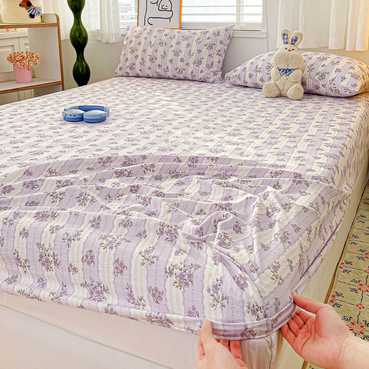 91家纺网 家纺一手货源 找家纺 仟人梦 2026新款云感双层纱印花单床笠床笠单件 半暖时光-紫