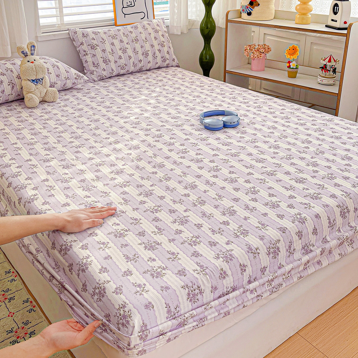 91家纺网 家纺一手货源 找家纺 仟人梦 2026新款云感双层纱印花单床笠床笠单件 半暖时光-紫