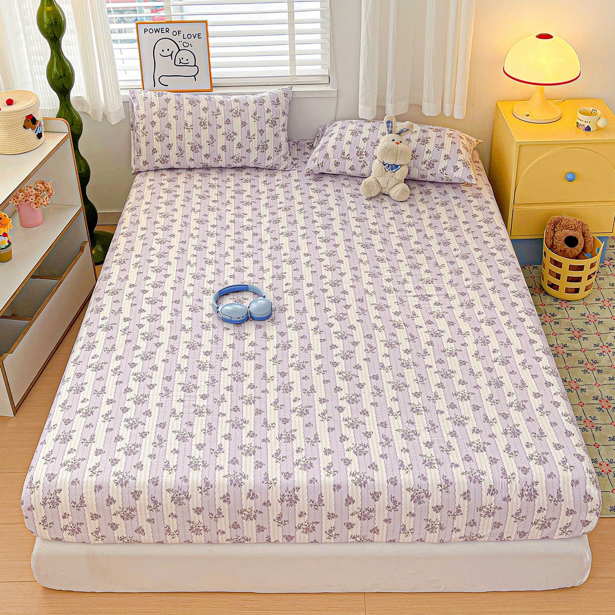 91家纺网 家纺一手货源 找家纺 仟人梦 2026新款云感双层纱印花单床笠床笠单件 半暖时光-紫