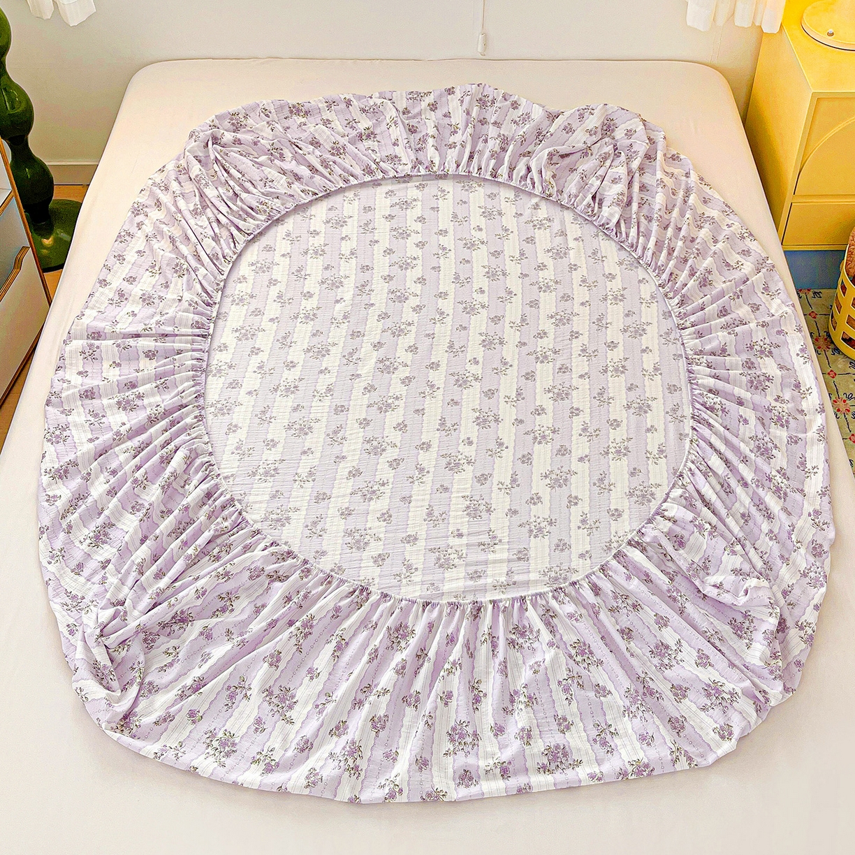 91家纺网 家纺一手货源 找家纺 仟人梦 2026新款云感双层纱印花单床笠床笠单件 半暖时光-紫