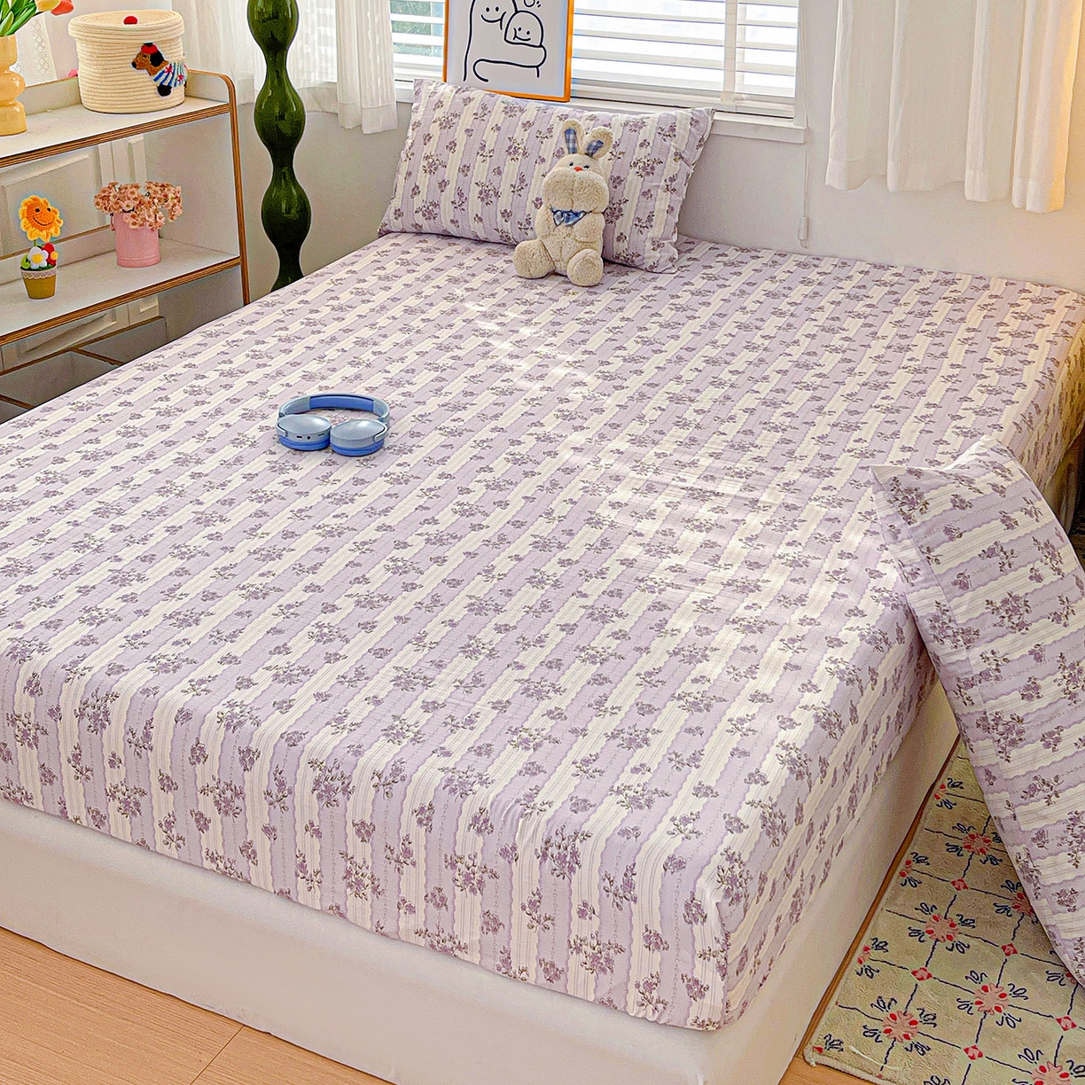 91家纺网 家纺一手货源 找家纺 仟人梦 2026新款云感双层纱印花单床笠床笠单件 半暖时光-紫