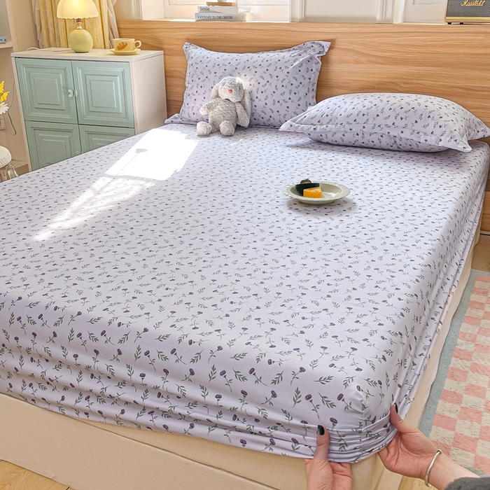 91家纺网 家纺一手货源 找家纺 默忆 2026新款针织双层纱印花糯小棉床笠 紫色花海