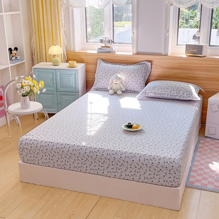 91家纺网 家纺一手货源 找家纺 默忆 2026新款针织双层纱印花糯小棉床笠 紫色花海