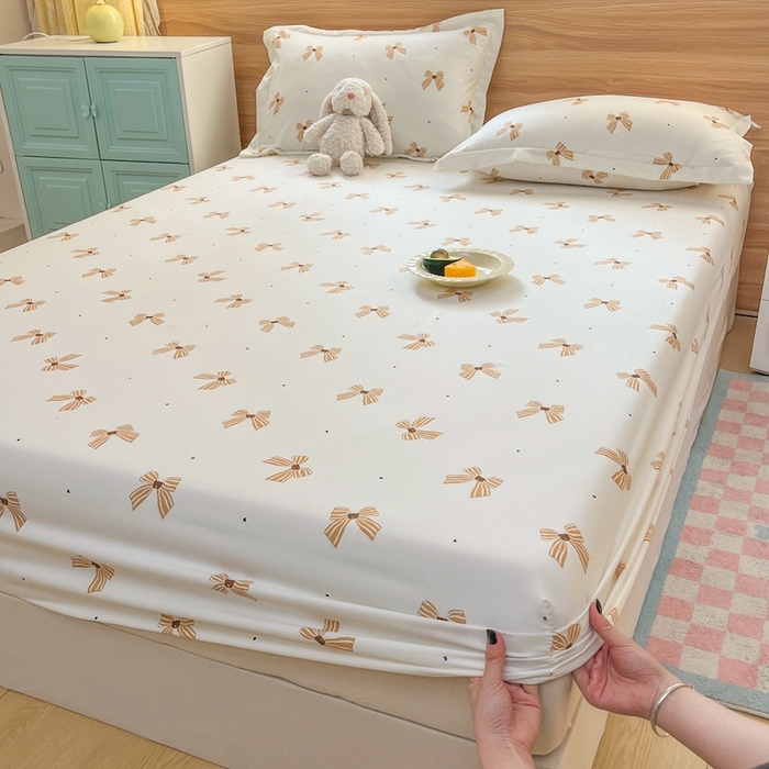 91家纺网 家纺一手货源 找家纺 默忆 2026新款针织双层纱印花糯小棉床笠 蝴蝶结