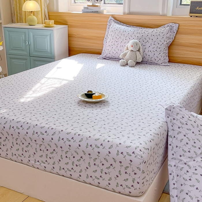 91家纺网 家纺一手货源 找家纺 默忆 2026新款针织双层纱印花糯小棉床笠 紫色花海