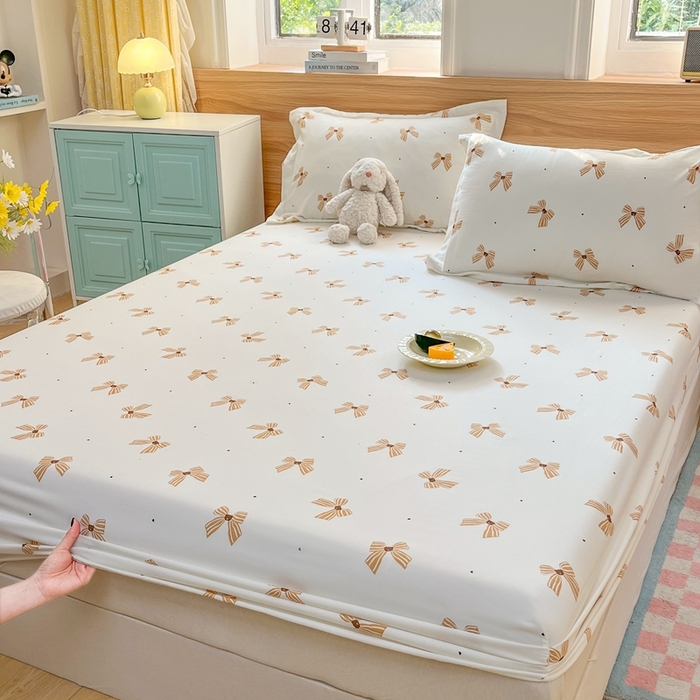 91家纺网 家纺一手货源 找家纺 默忆 2026新款针织双层纱印花糯小棉床笠 蝴蝶结