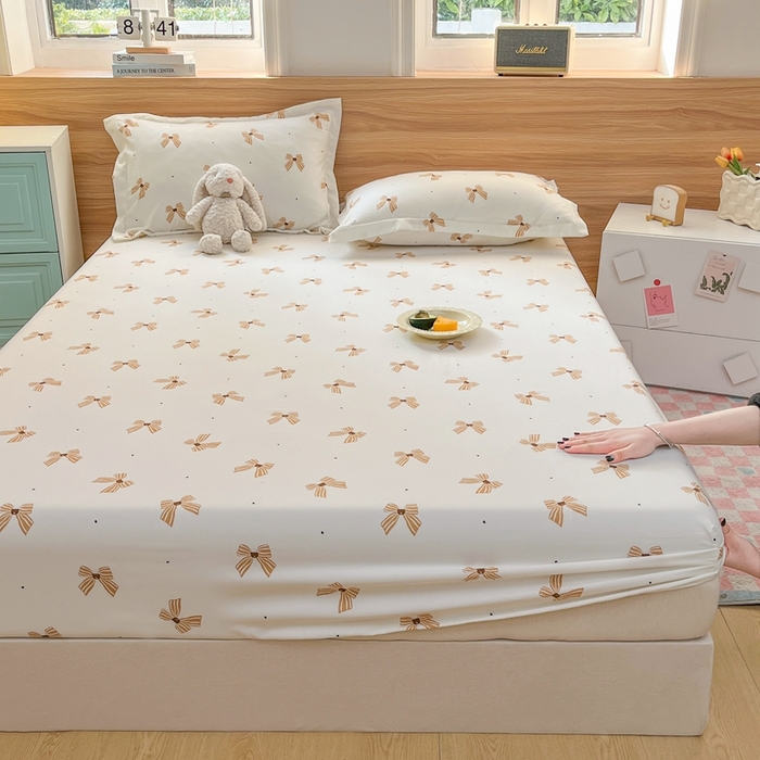 91家纺网 家纺一手货源 找家纺 默忆 2026新款针织双层纱印花糯小棉床笠 蝴蝶结