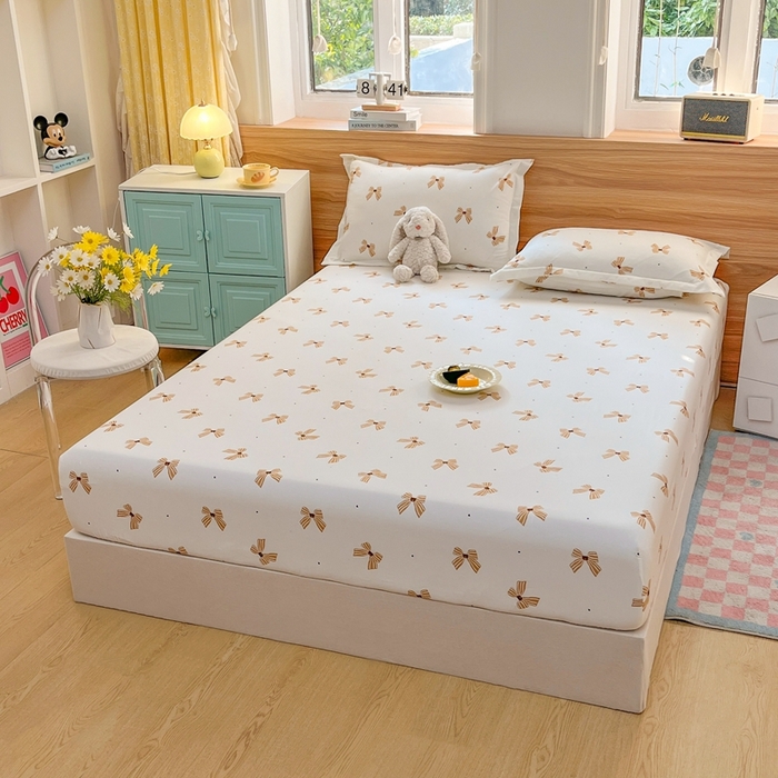 91家纺网 家纺一手货源 找家纺 默忆 2026新款针织双层纱印花糯小棉床笠 蝴蝶结