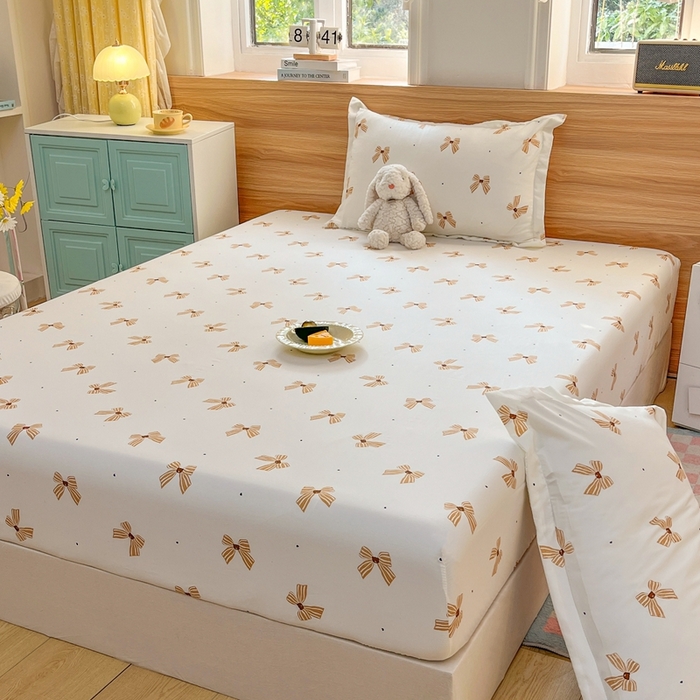 91家纺网 家纺一手货源 找家纺 默忆 2026新款针织双层纱印花糯小棉床笠 蝴蝶结