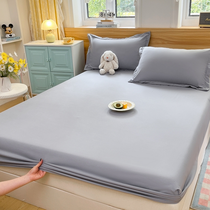 91家纺网 家纺一手货源 找家纺 默忆 2026新款针织双层纱印花糯小棉床笠 经典灰