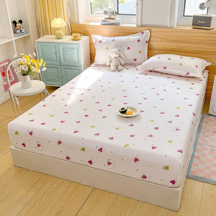 91家纺网 家纺一手货源 找家纺 默忆 2026新款针织双层纱印花糯小棉床笠 桃心粉