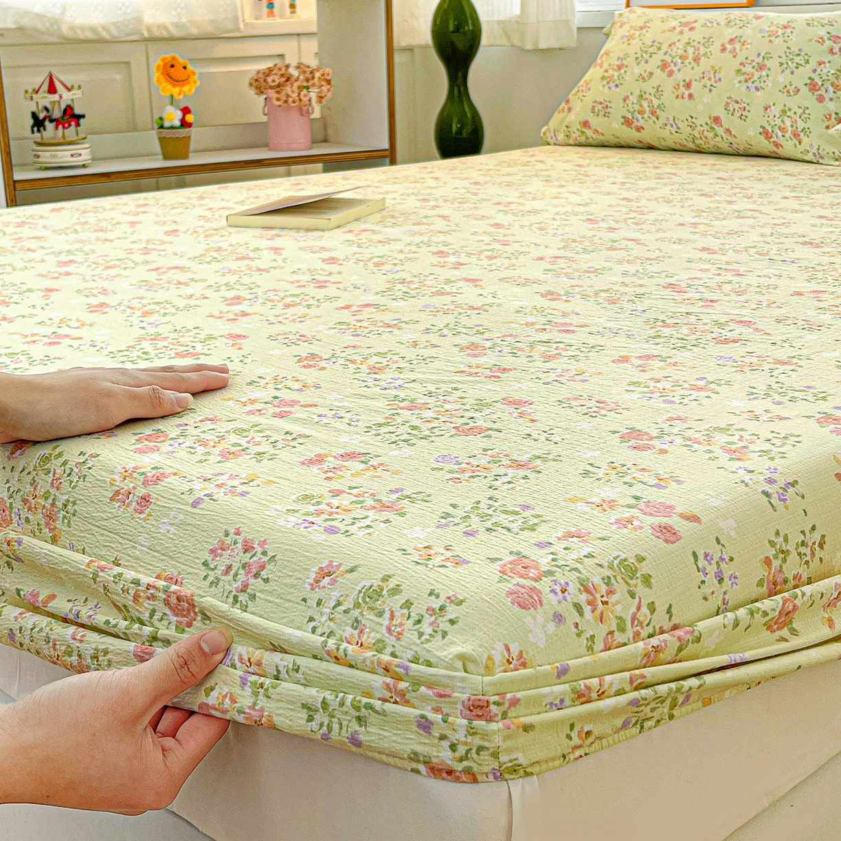 91家纺网 家纺一手货源 找家纺 仟人梦 2026新款云感双层纱印花单床笠床笠单件 半夏