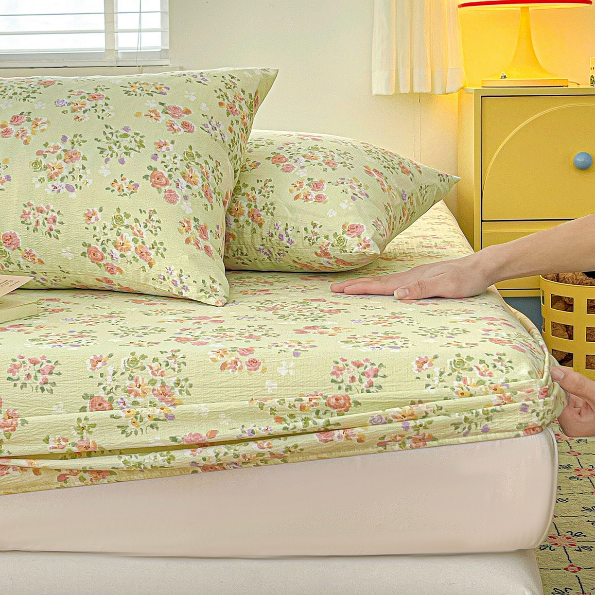 91家纺网 家纺一手货源 找家纺 仟人梦 2026新款云感双层纱印花单床笠床笠单件 半夏