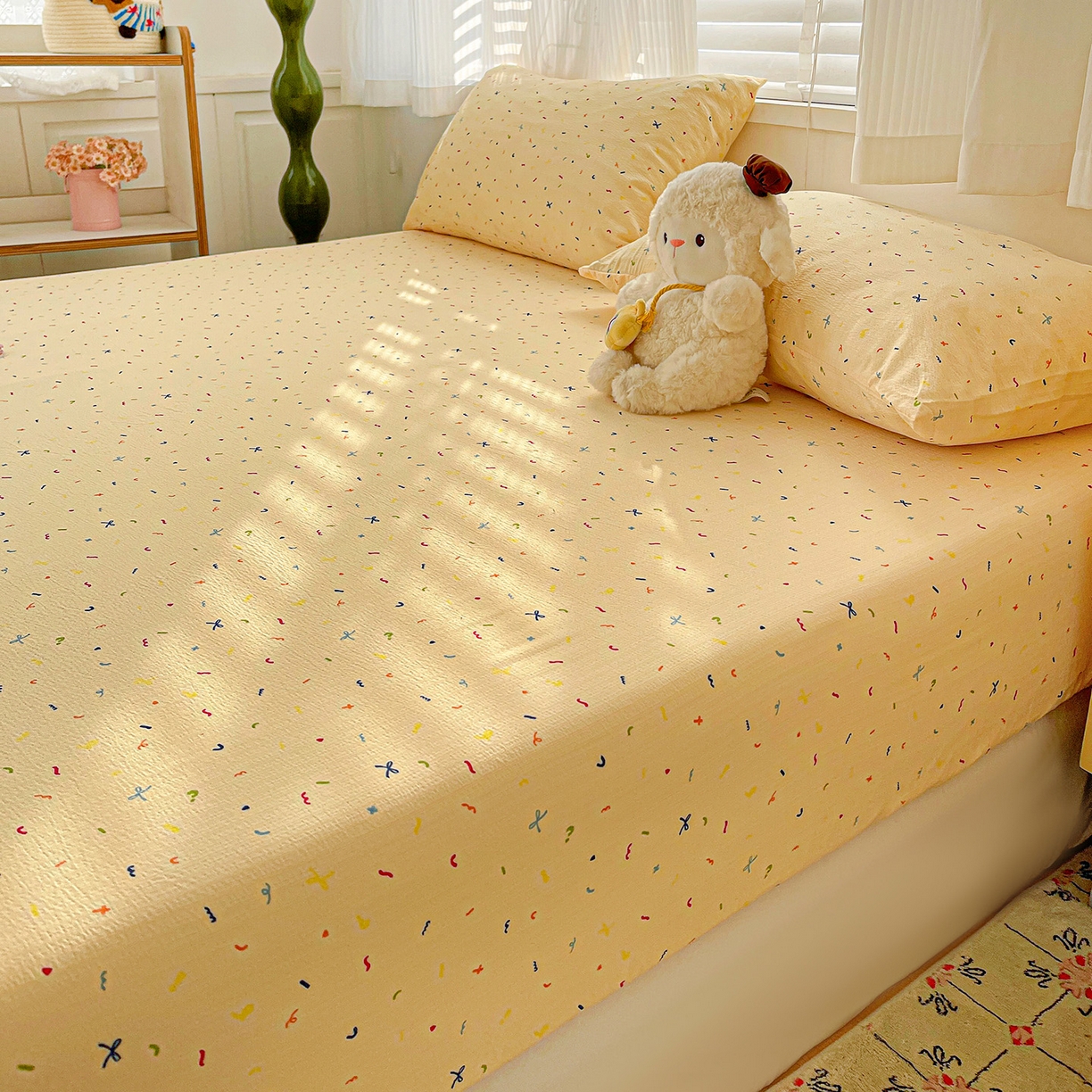 91家纺网 家纺一手货源 找家纺 仟人梦 2026新款云感双层纱印花单床笠床笠单件 冰淇凌