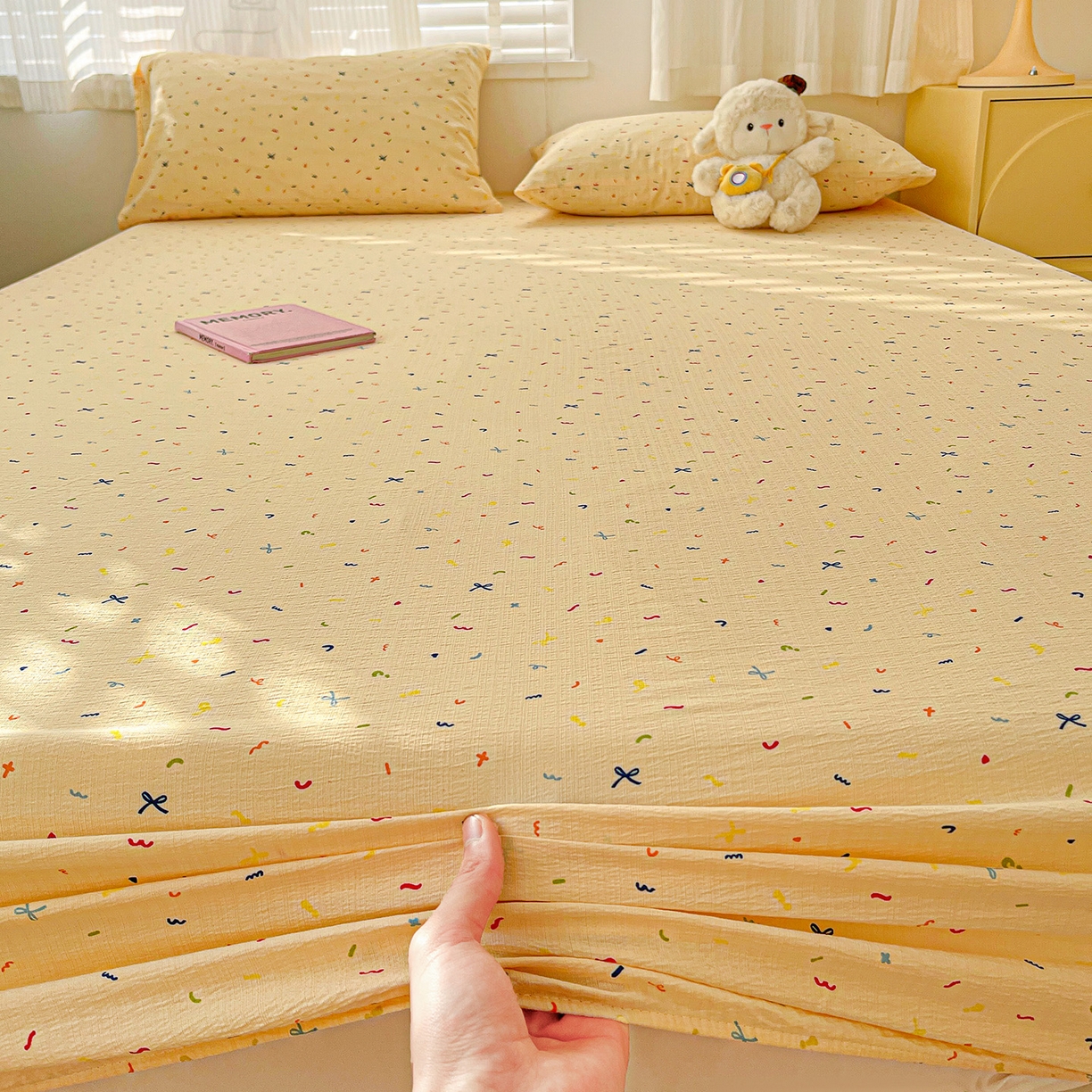 91家纺网 家纺一手货源 找家纺 仟人梦 2026新款云感双层纱印花单床笠床笠单件 冰淇凌