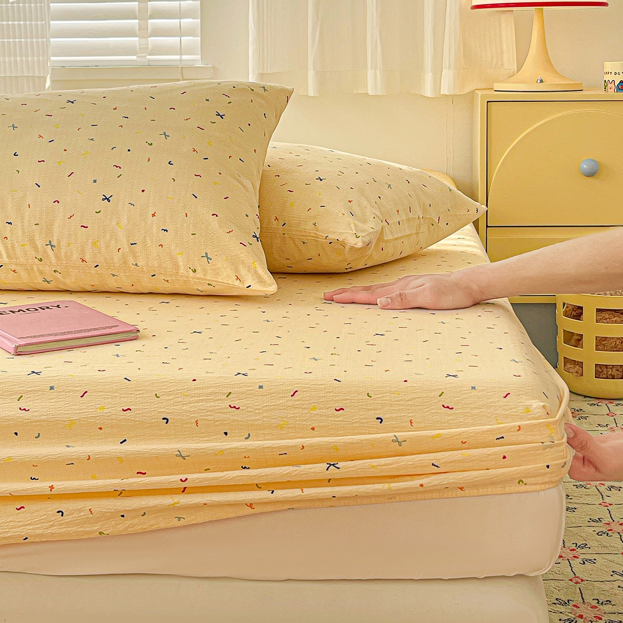 91家纺网 家纺一手货源 找家纺 仟人梦 2026新款云感双层纱印花单床笠床笠单件 冰淇凌