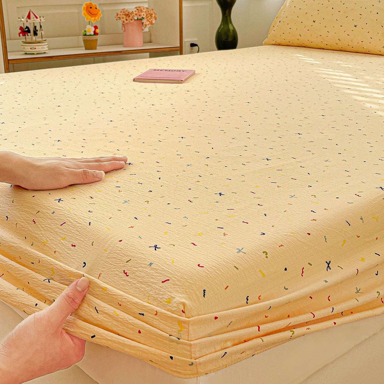 91家纺网 家纺一手货源 找家纺 仟人梦 2026新款云感双层纱印花单床笠床笠单件 冰淇凌