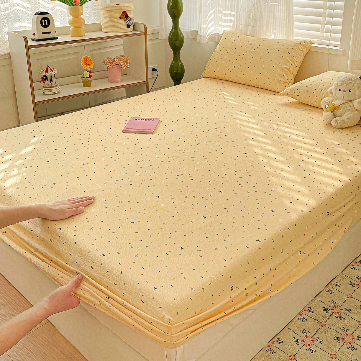 91家纺网 家纺一手货源 找家纺 仟人梦 2026新款云感双层纱印花单床笠床笠单件 冰淇凌