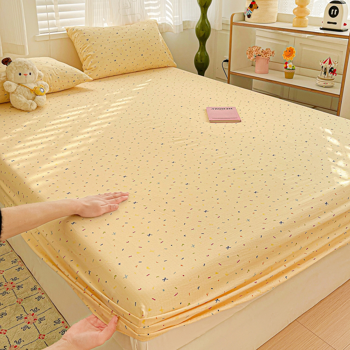 91家纺网 家纺一手货源 找家纺 仟人梦 2026新款云感双层纱印花单床笠床笠单件 冰淇凌