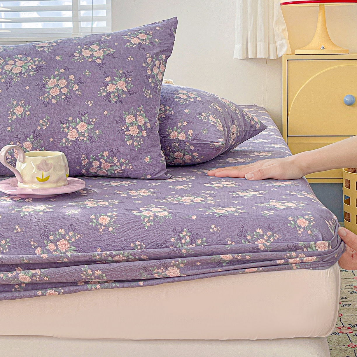 91家纺网 家纺一手货源 找家纺 仟人梦 2026新款云感双层纱印花单床笠床笠单件 豆蔻