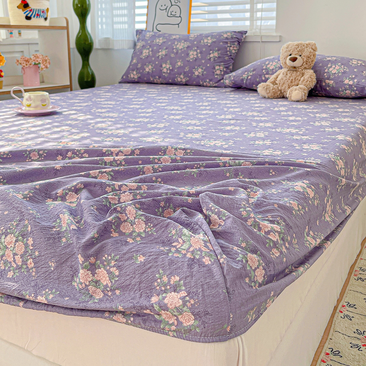 91家纺网 家纺一手货源 找家纺 仟人梦 2026新款云感双层纱印花单床笠床笠单件 豆蔻