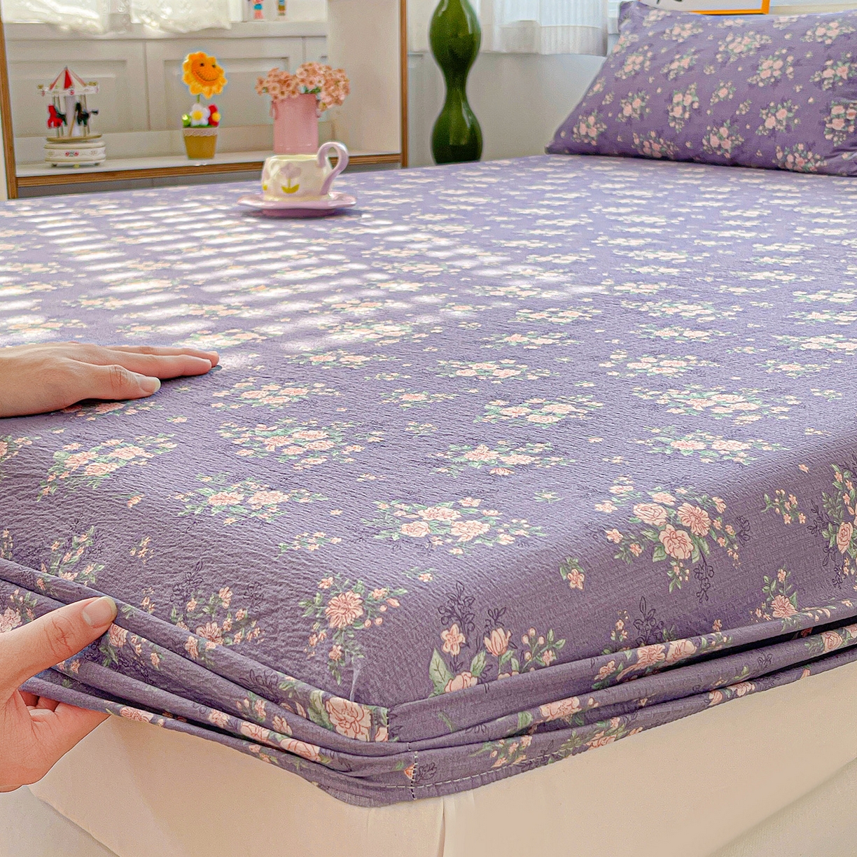 91家纺网 家纺一手货源 找家纺 仟人梦 2026新款云感双层纱印花单床笠床笠单件 豆蔻