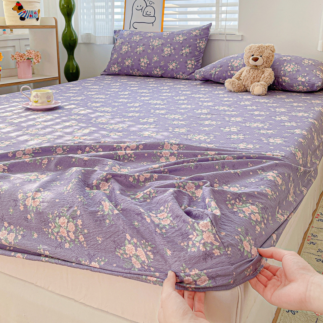 91家纺网 家纺一手货源 找家纺 仟人梦 2026新款云感双层纱印花单床笠床笠单件 豆蔻