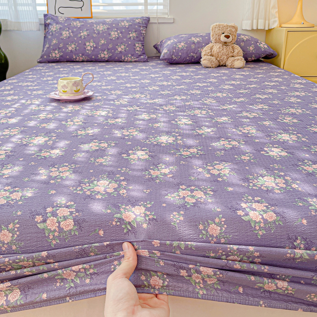 91家纺网 家纺一手货源 找家纺 仟人梦 2026新款云感双层纱印花单床笠床笠单件 豆蔻