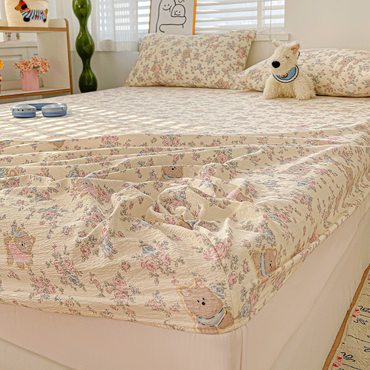 91家纺网 家纺一手货源 找家纺 仟人梦 2026新款云感双层纱印花单床笠床笠单件 花园里