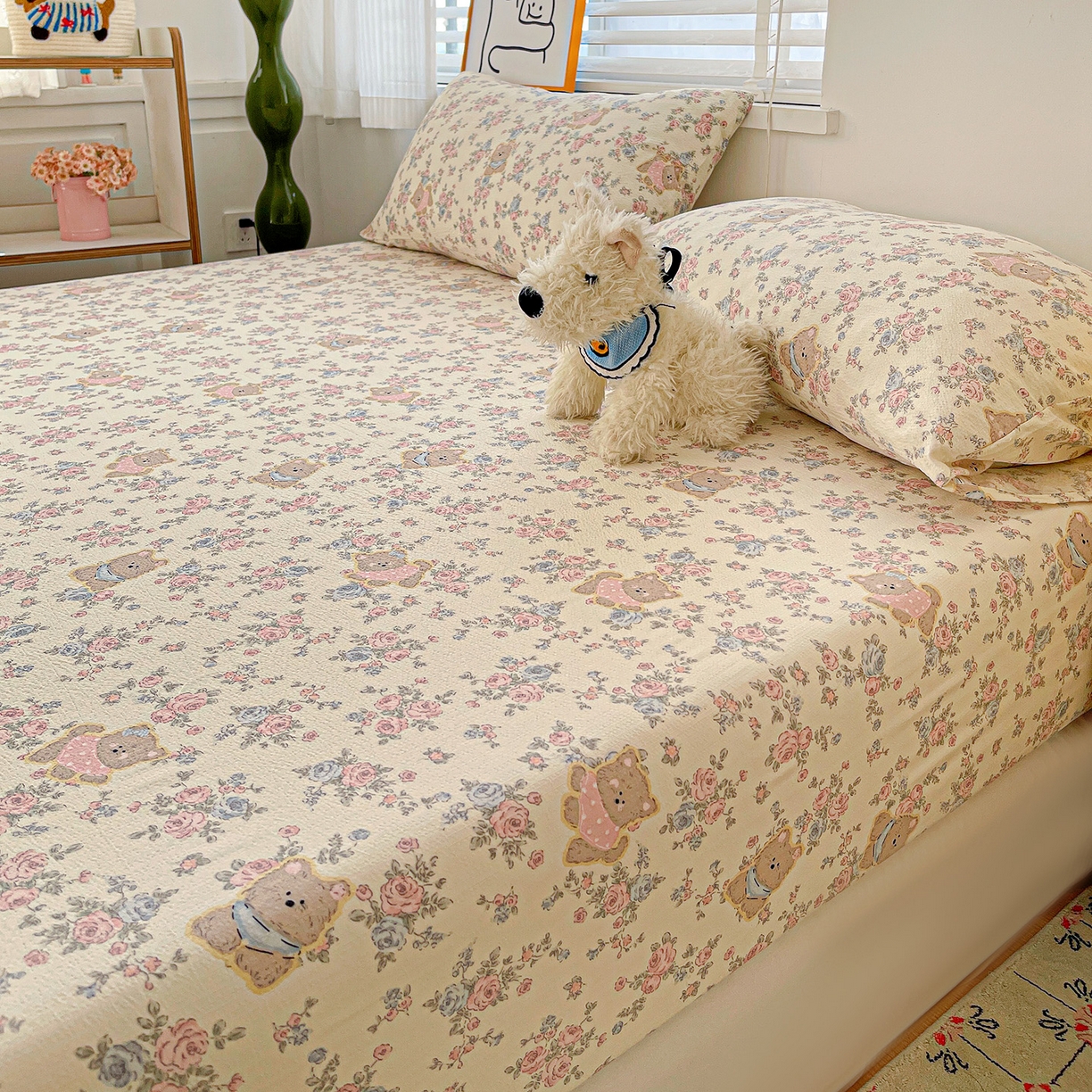 91家纺网 家纺一手货源 找家纺 仟人梦 2026新款云感双层纱印花单床笠床笠单件 花园里