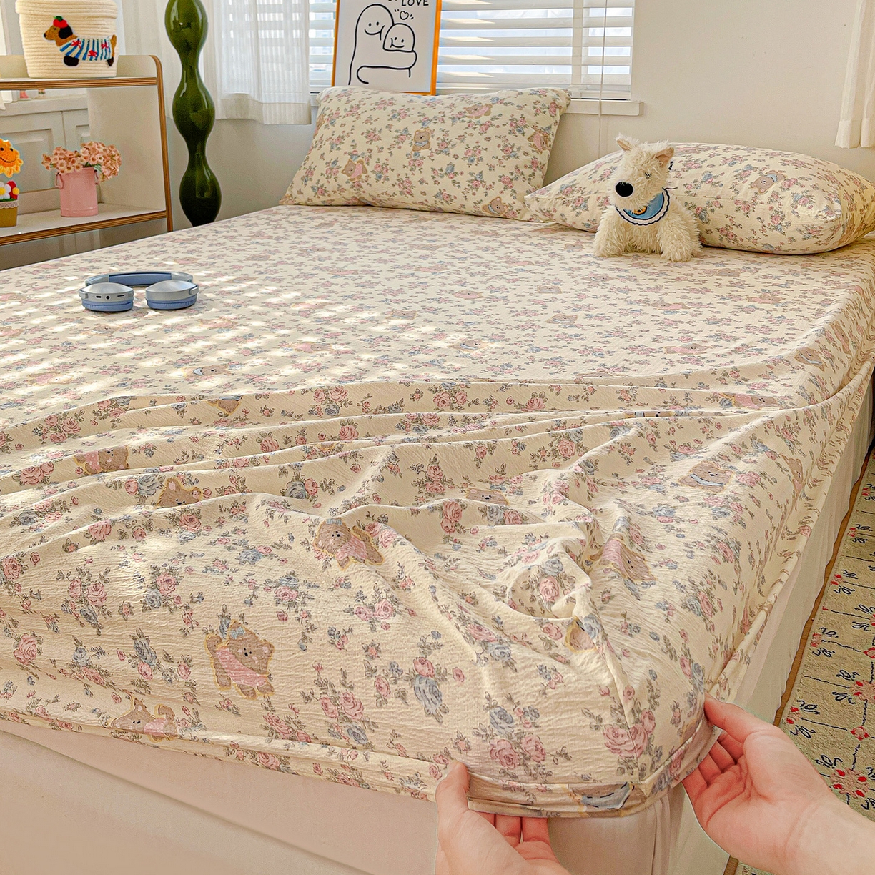 91家纺网 家纺一手货源 找家纺 仟人梦 2026新款云感双层纱印花单床笠床笠单件 花园里