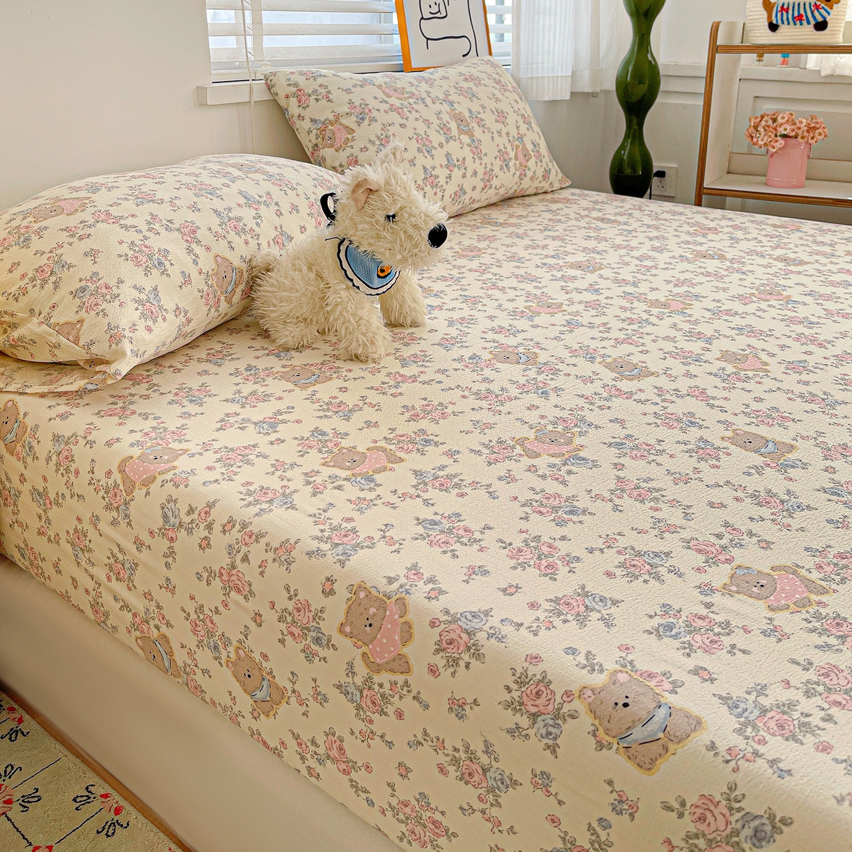 91家纺网 家纺一手货源 找家纺 仟人梦 2026新款云感双层纱印花单床笠床笠单件 花园里