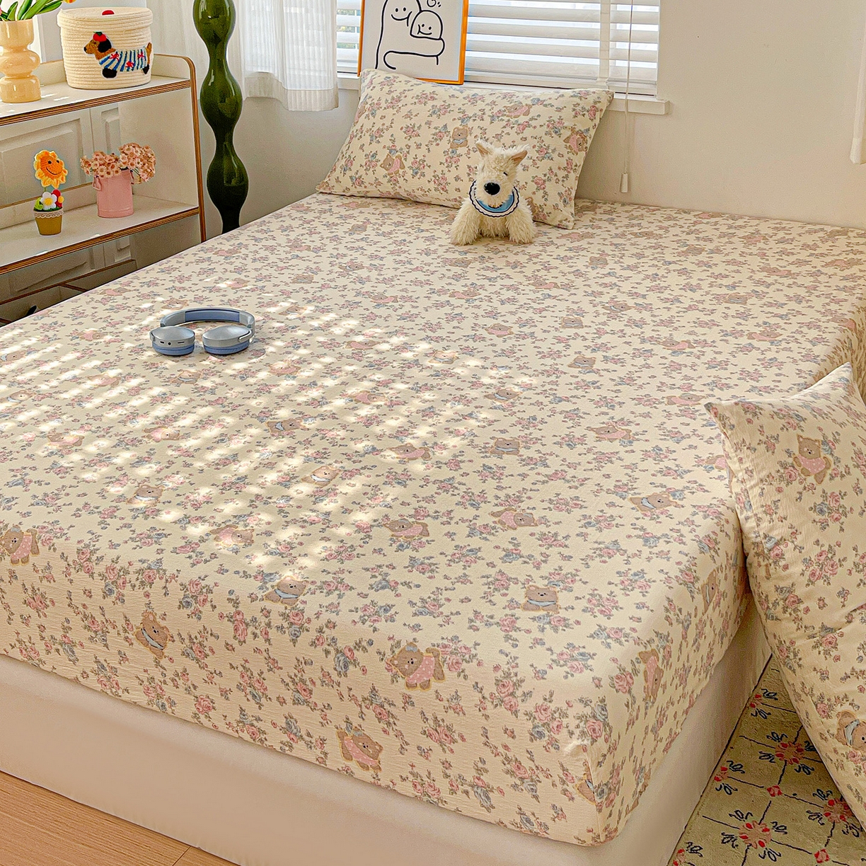 91家纺网 家纺一手货源 找家纺 仟人梦 2026新款云感双层纱印花单床笠床笠单件 花园里