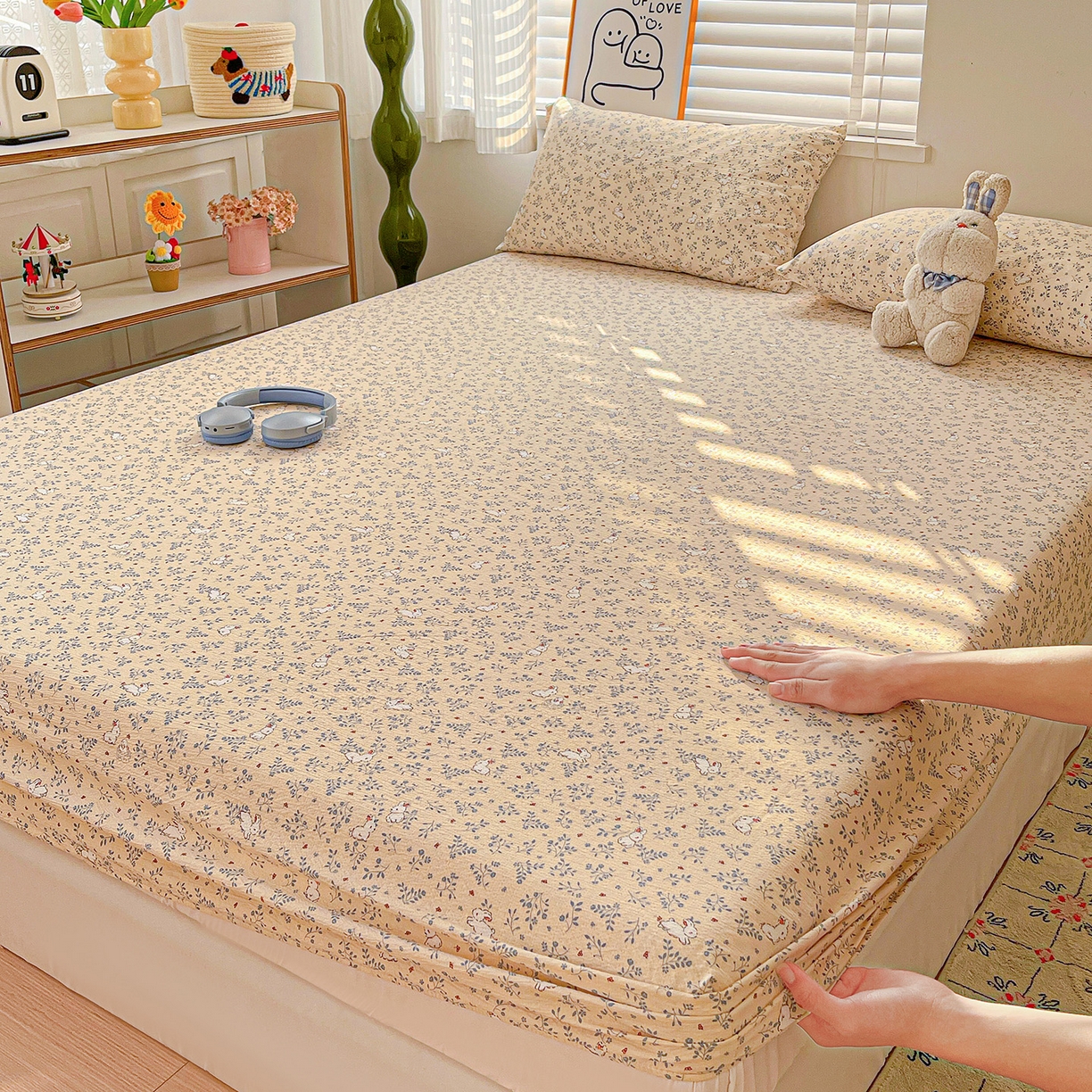 仟人梦 2026新款云感双层纱印花单床笠床笠单件 花园兔