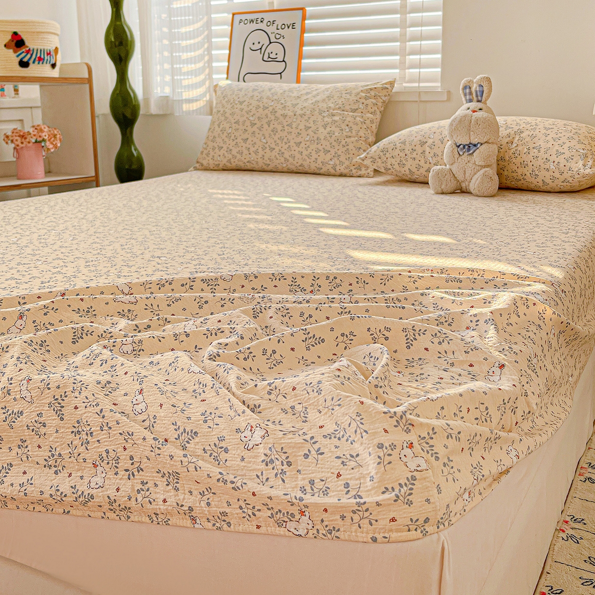 91家纺网 家纺一手货源 找家纺 仟人梦 2026新款云感双层纱印花单床笠床笠单件 花园兔