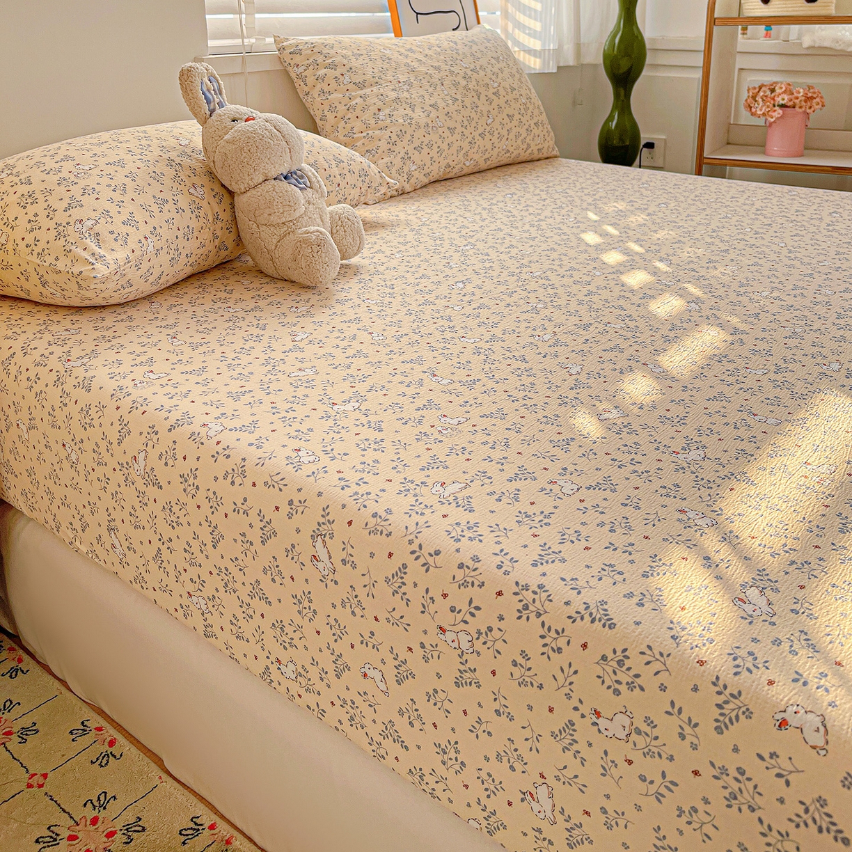 91家纺网 家纺一手货源 找家纺 仟人梦 2026新款云感双层纱印花单床笠床笠单件 花园兔