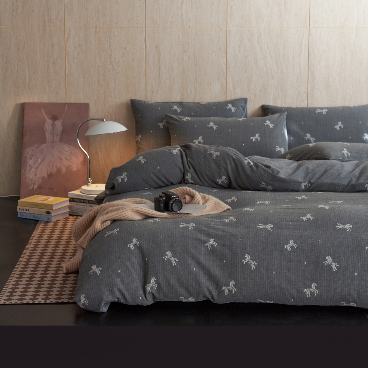 91家纺网 家纺一手货源 找家纺 如一 2026新款色织提花全棉水洗棉纯棉四件套第二批 骏影-黑