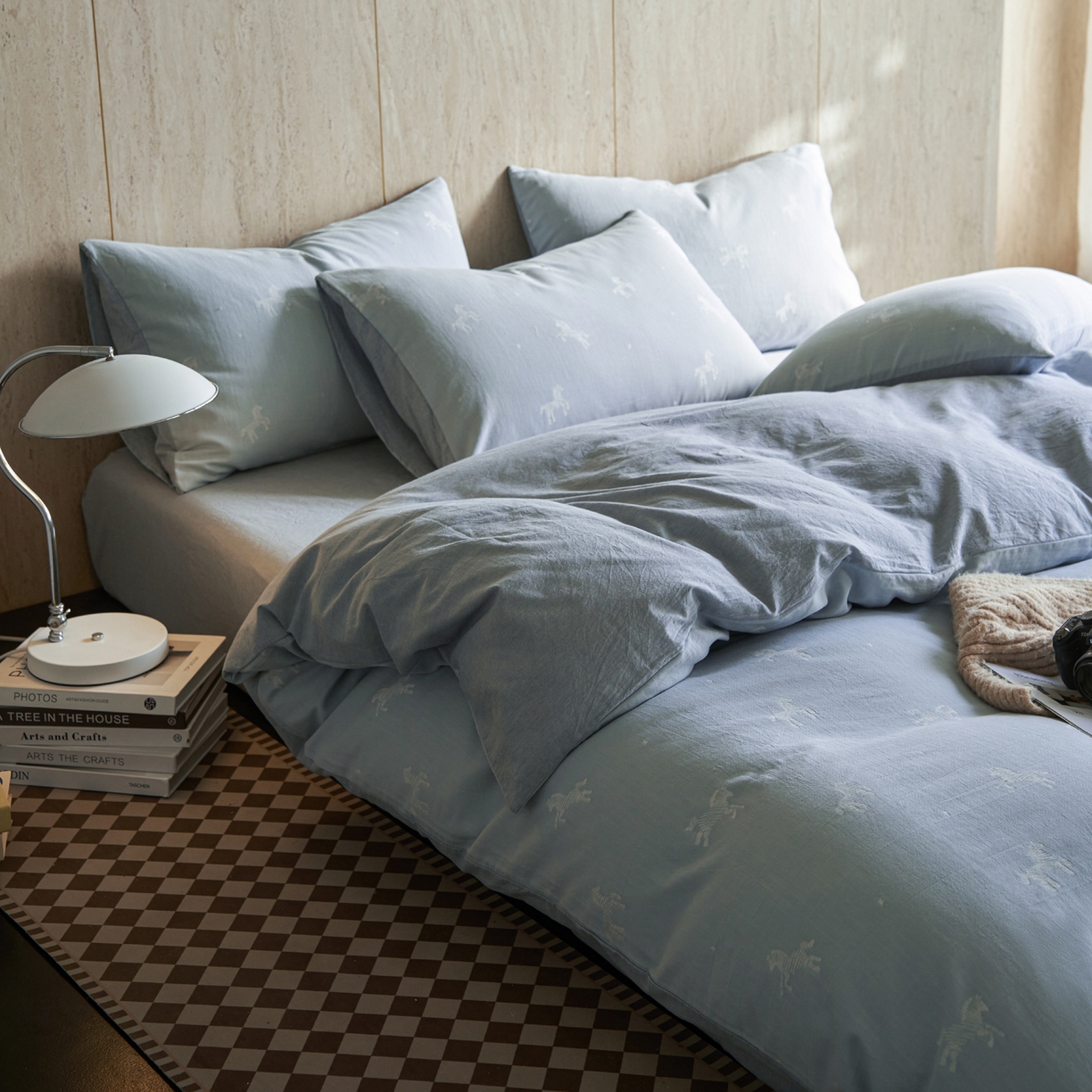 91家纺网 家纺一手货源 找家纺 如一 2026新款色织提花全棉水洗棉纯棉四件套第二批 骏影-蓝