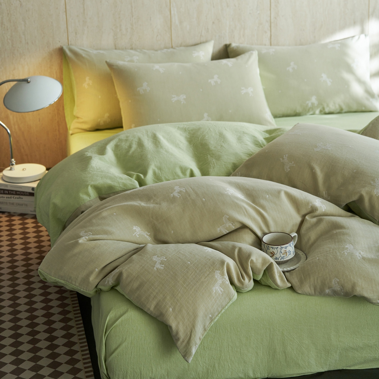 91家纺网 家纺一手货源 找家纺 如一 2026新款色织提花全棉水洗棉纯棉四件套第二批 骏影-绿