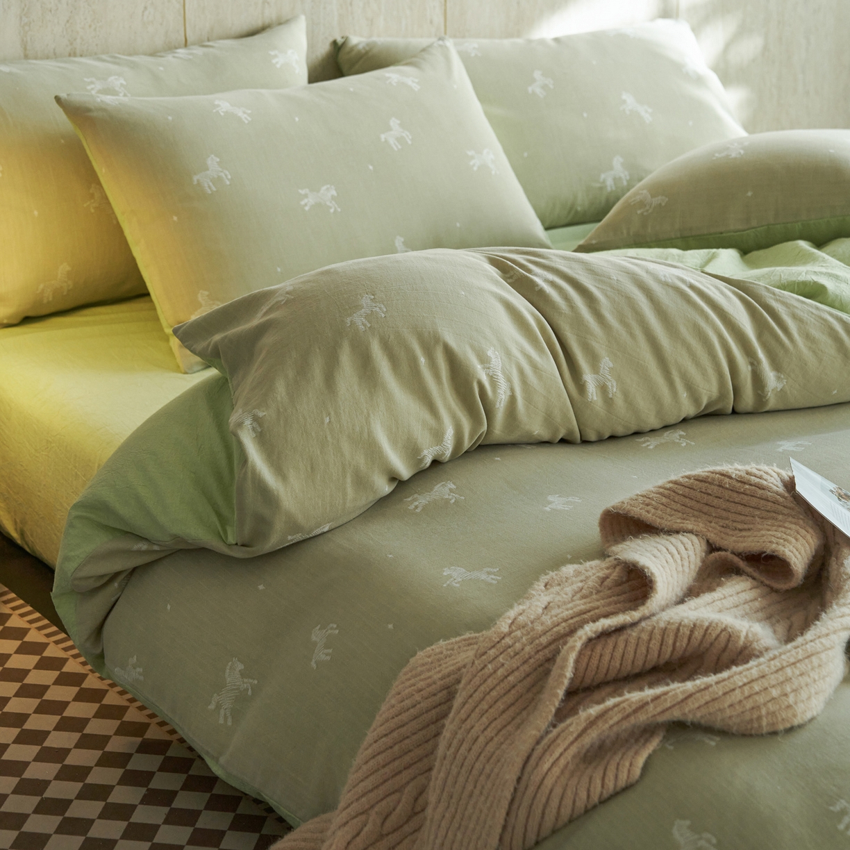 91家纺网 家纺一手货源 找家纺 如一 2026新款色织提花全棉水洗棉纯棉四件套第二批 骏影-绿