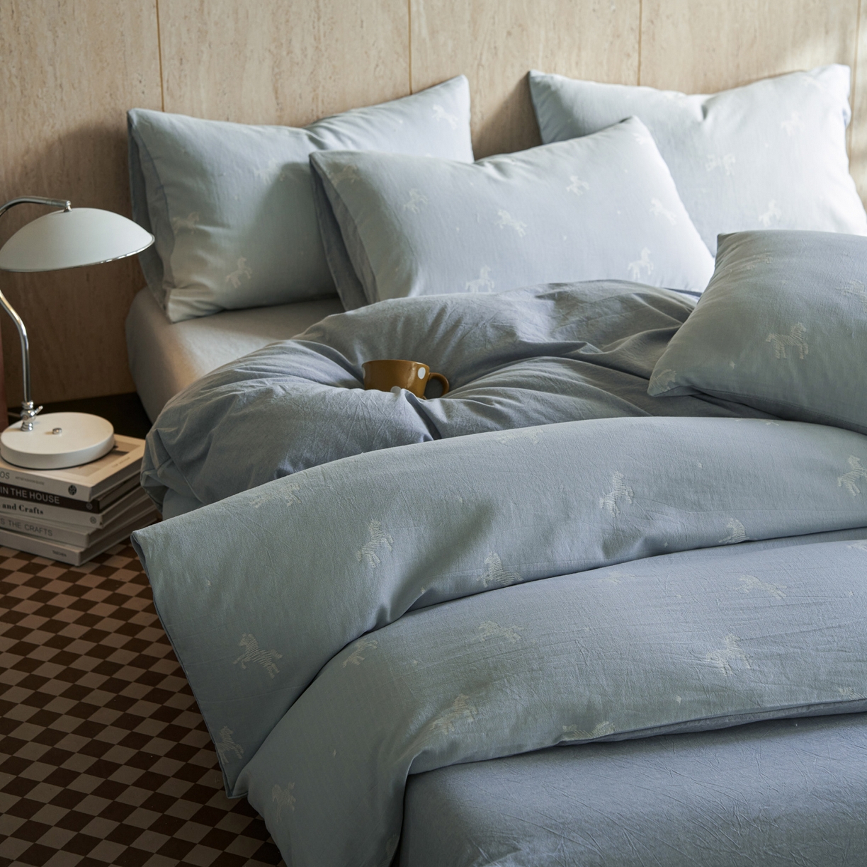 91家纺网 家纺一手货源 找家纺 如一 2026新款色织提花全棉水洗棉纯棉四件套第二批 骏影-蓝