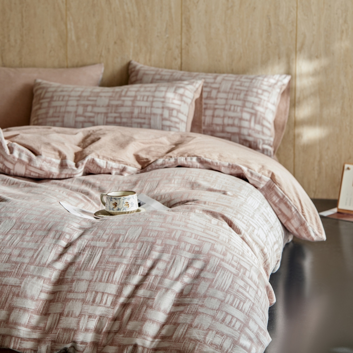 91家纺网 家纺一手货源 找家纺 如一 2026新款色织提花全棉水洗棉纯棉四件套第二批 浮光-咖