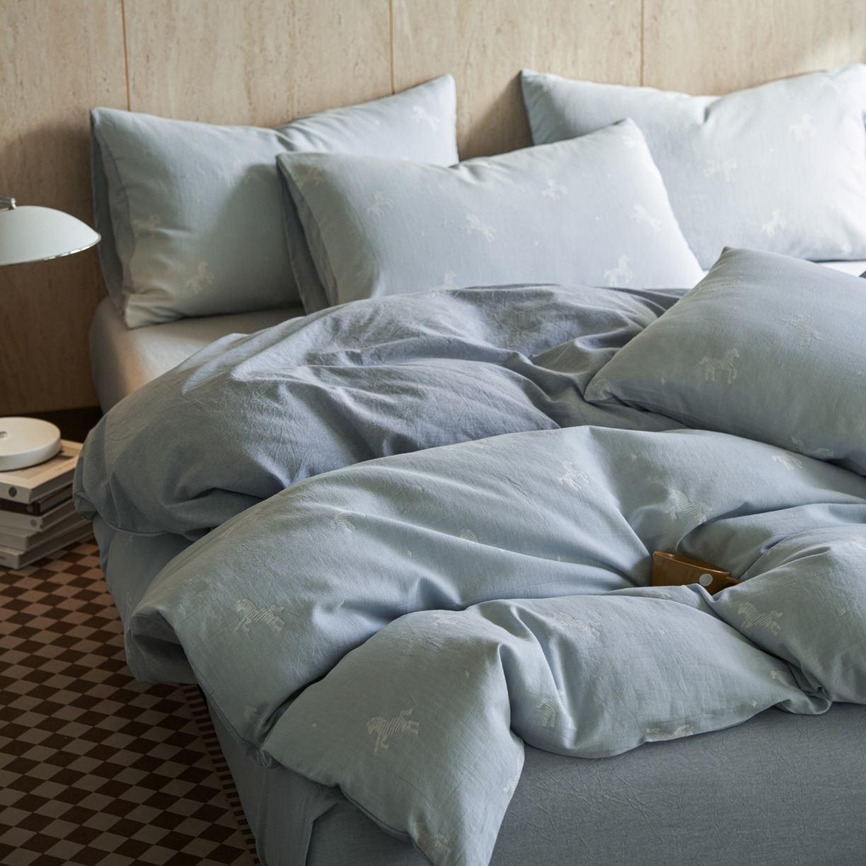 91家纺网 家纺一手货源 找家纺 如一 2026新款色织提花全棉水洗棉纯棉四件套第二批 骏影-蓝